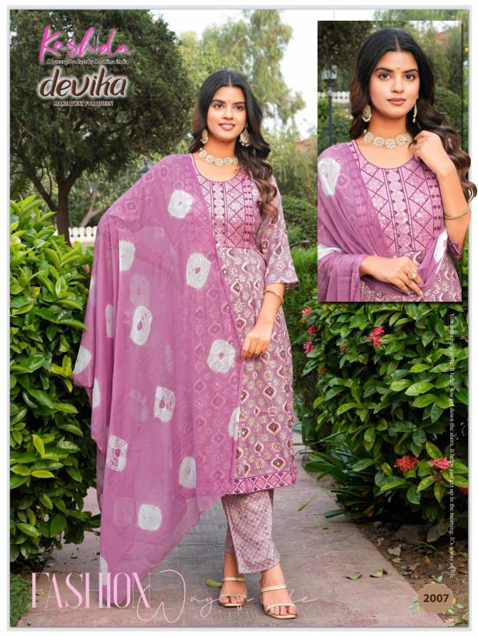 Devika Vol 5 By Kashida Capsule Foil Printed Naira Cut Kurti With Bottom Dupatta Wholesale Online